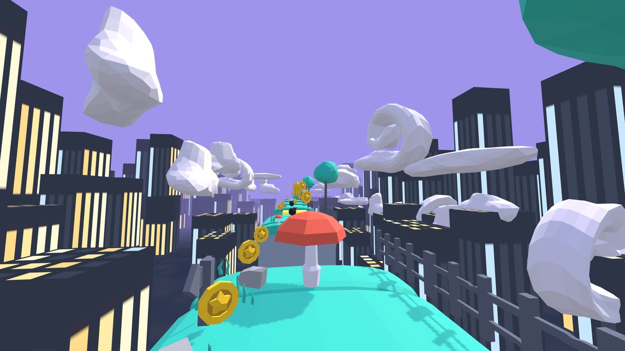 The city skyline level with towers far below the course